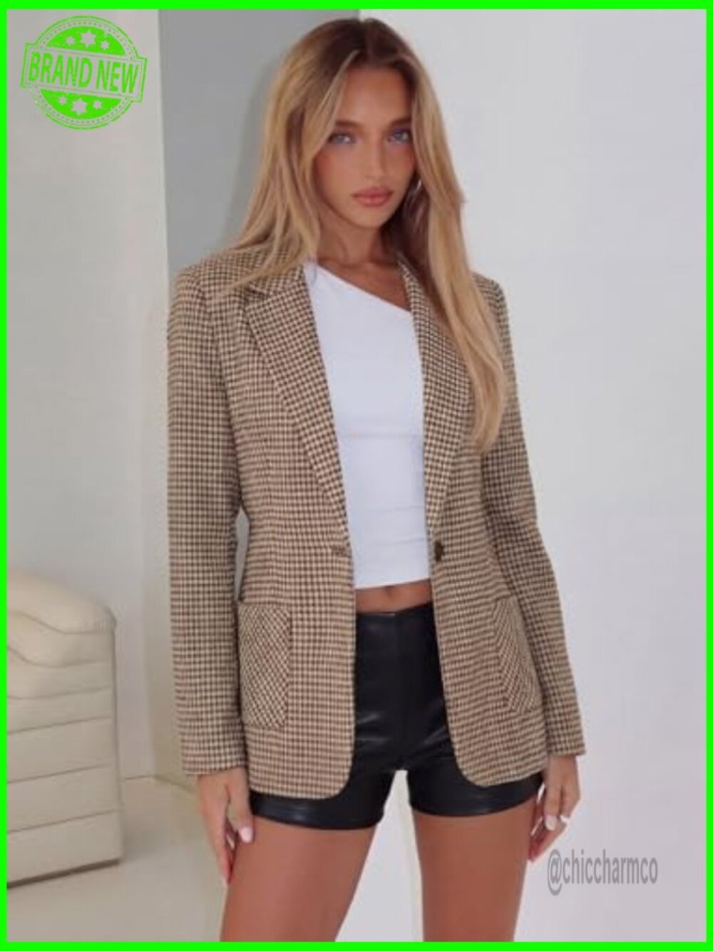 Plaid Blazer with Embroidered Collar Houndstooth Work Office Jacket - Picture 5 of 7